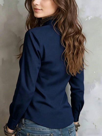 Women's Solid Color Long Sleeve Shirt, Featuring A Collared Design To Showcase A Professional And Capable Demeanor, Made Of Comfortable Fabric.