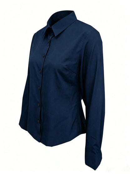 Women's Solid Color Long Sleeve Shirt, Featuring A Collared Design To Showcase A Professional And Capable Demeanor, Made Of Comfortable Fabric.