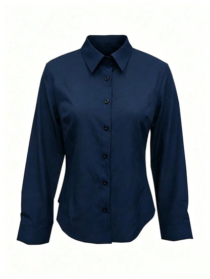 Women's Solid Color Long Sleeve Shirt, Featuring A Collared Design To Showcase A Professional And Capable Demeanor, Made Of Comfortable Fabric.