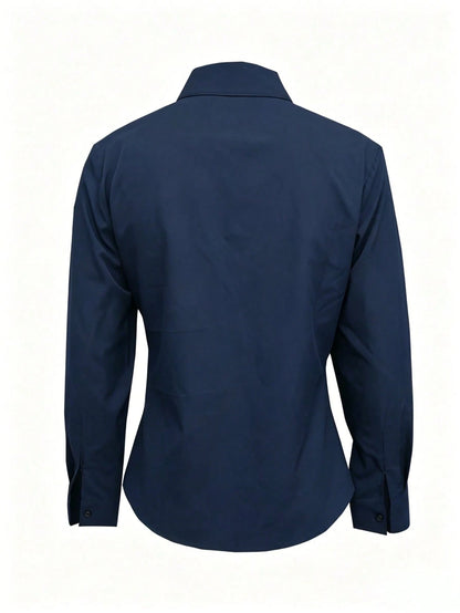 Women's Solid Color Long Sleeve Shirt, Featuring A Collared Design To Showcase A Professional And Capable Demeanor, Made Of Comfortable Fabric.