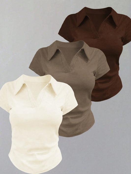 Women's Solid Color Polo Collar Short Sleeve Casual Versatile T-Shirt