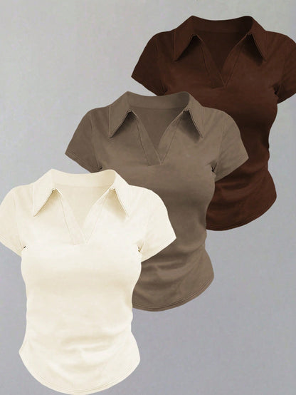 Women's Solid Color Polo Collar Short Sleeve Casual Versatile T-Shirt
