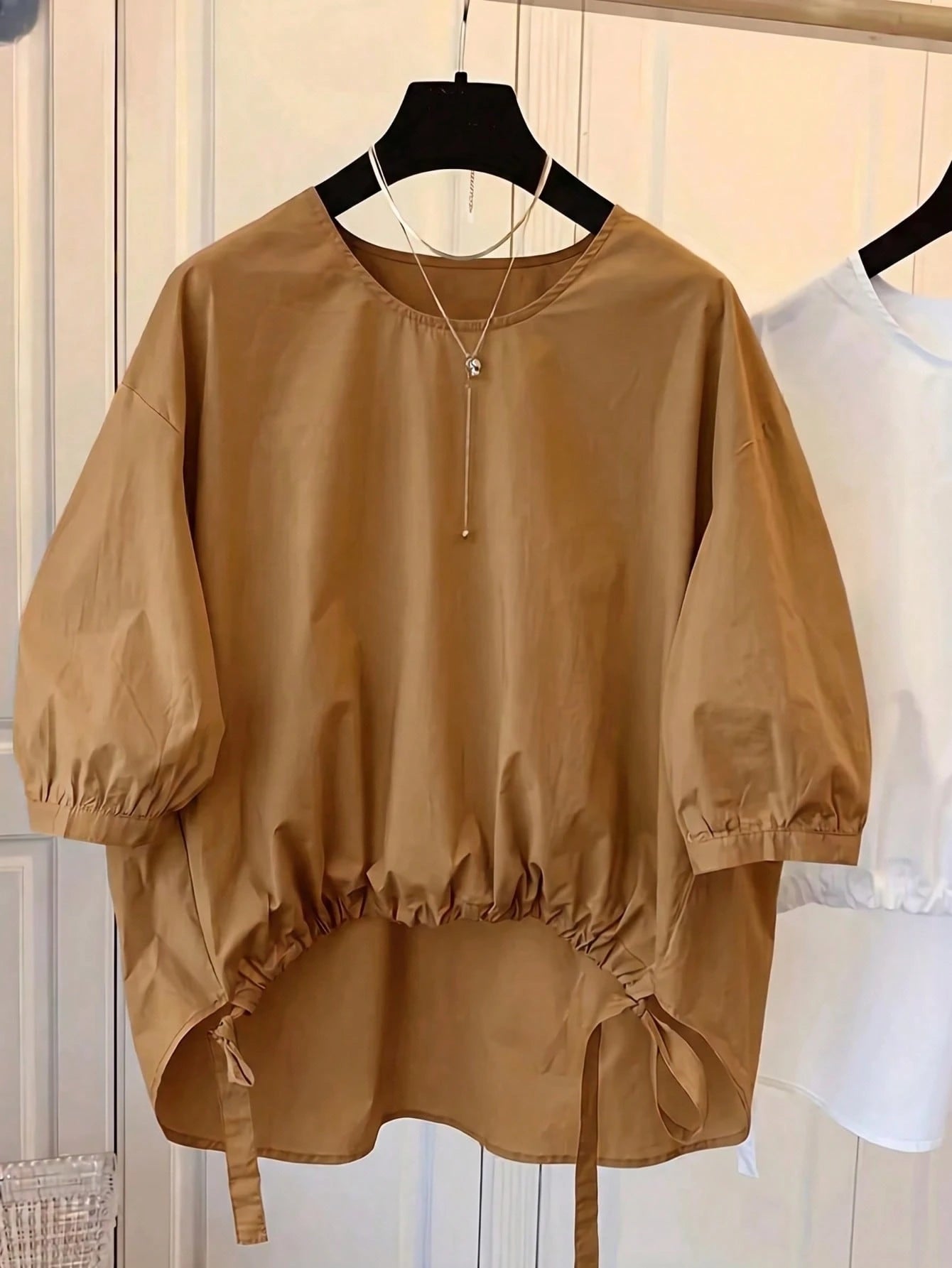 Women's Solid Color Round Neck Lantern Sleeve High-Low Hem Casual Shirt, Adjustable Drawstring Hem Summer