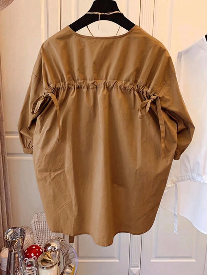 Women's Solid Color Round Neck Lantern Sleeve High-Low Hem Casual Shirt, Adjustable Drawstring Hem Summer