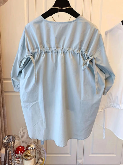 Women's Solid Color Round Neck Lantern Sleeve High-Low Hem Casual Shirt, Adjustable Drawstring Hem Summer