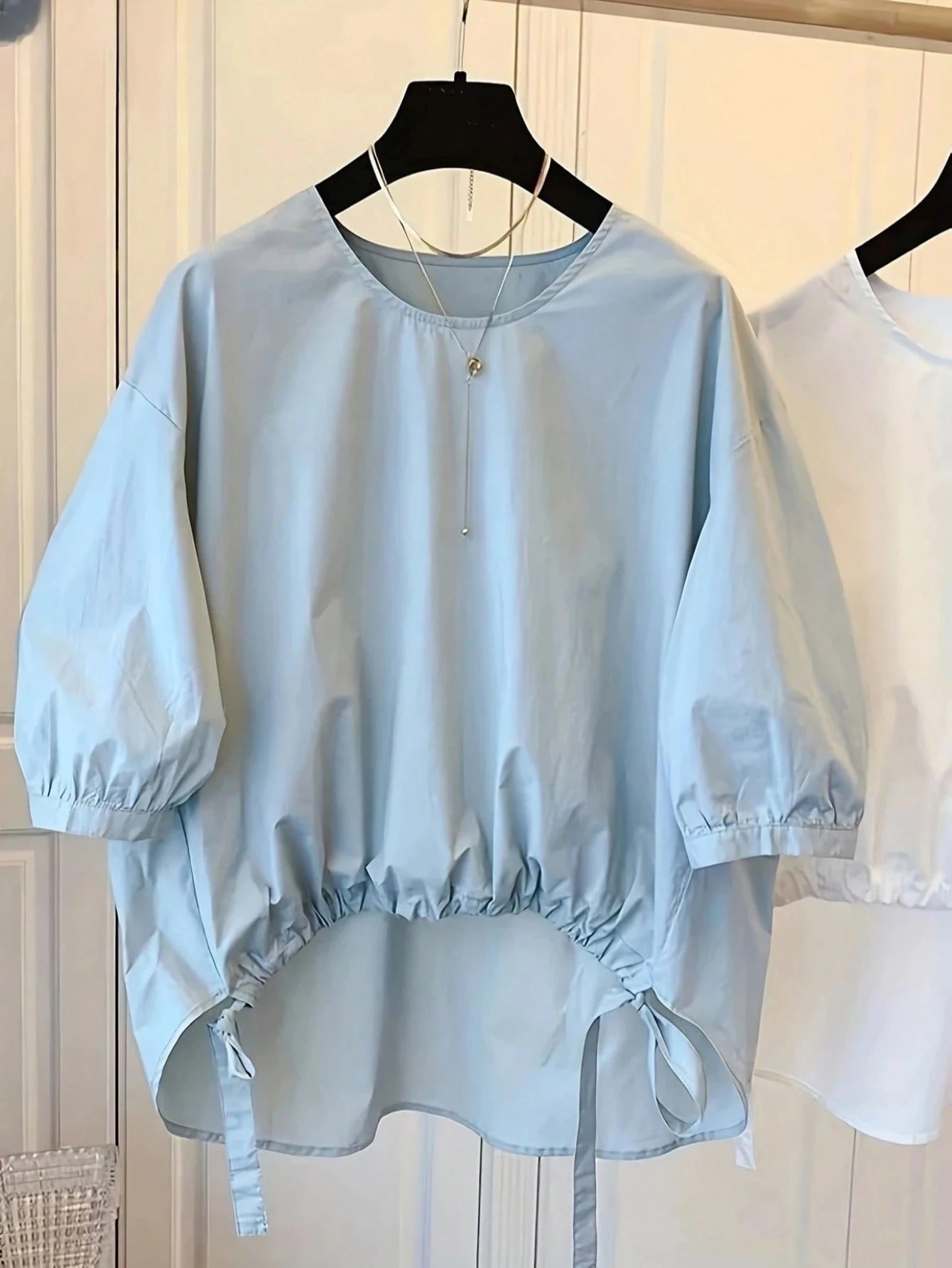 Women's Solid Color Round Neck Lantern Sleeve High-Low Hem Casual Shirt, Adjustable Drawstring Hem Summer