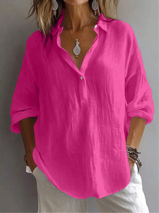 Women's Solid Color Shirt, Casual Long Sleeve Bishop Sleeve Shirt Collar Regular Top, Daily Button Placket Spring