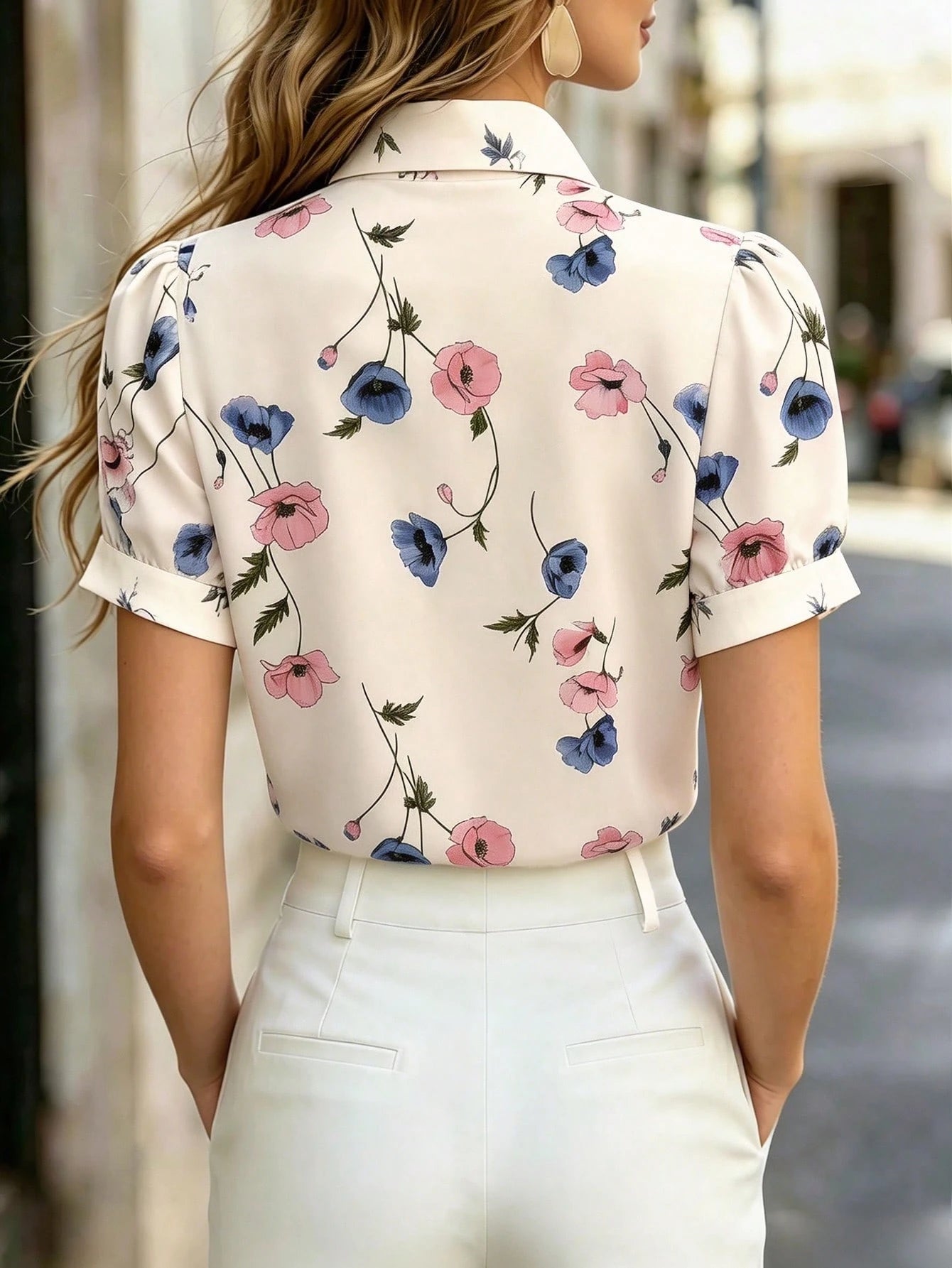 Women's Spring/Summer French Romantic Floral Print Tie Front Blouse, Featuring Collared Puff Sleeves, Bow Tie Closure At Chest, And Ruffle Trim, Soft Fabric With Fresh Floral Print, Versatile Fo