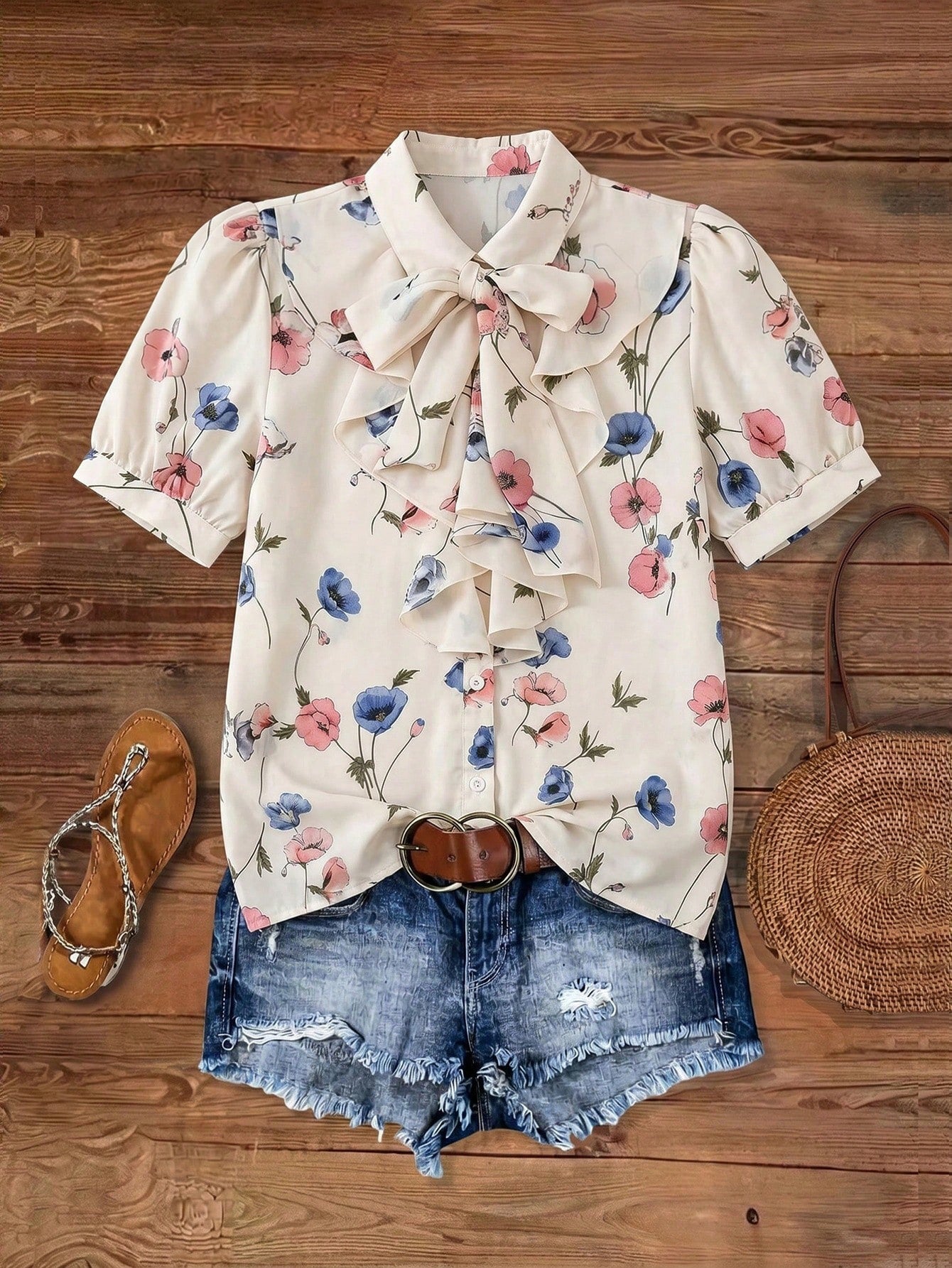 Women's Spring/Summer French Romantic Floral Print Tie Front Blouse, Featuring Collared Puff Sleeves, Bow Tie Closure At Chest, And Ruffle Trim, Soft Fabric With Fresh Floral Print, Versatile Fo