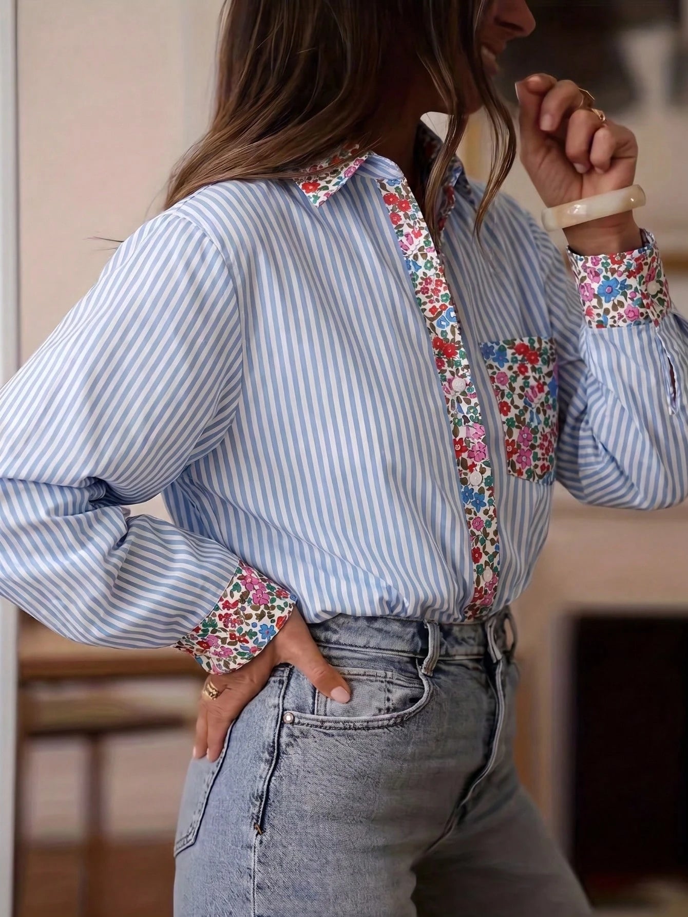 Women's Striped Long Sleeve Drop Shoulder Shirt Collar Print Shirt With Pockets And Cuffs, Regular Length Polyester Blouse Top