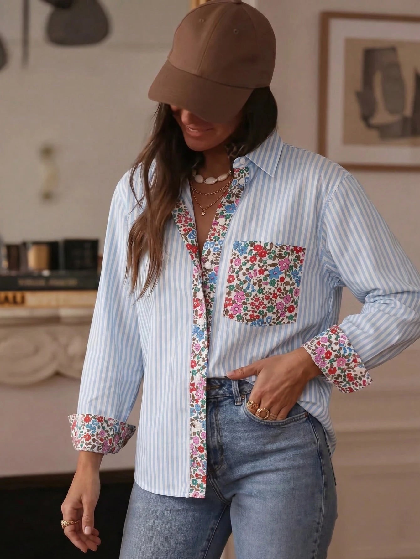 Women's Striped Long Sleeve Drop Shoulder Shirt Collar Print Shirt With Pockets And Cuffs, Regular Length Polyester Blouse Top