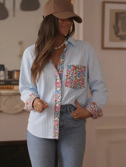 Women's Striped Long Sleeve Drop Shoulder Shirt Collar Print Shirt With Pockets And Cuffs, Regular Length Polyester Blouse Top