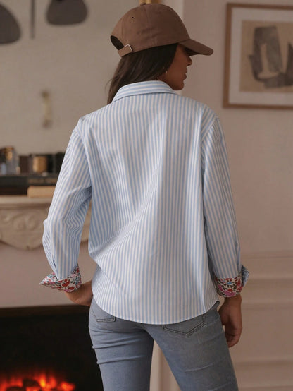 Women's Striped Long Sleeve Drop Shoulder Shirt Collar Print Shirt With Pockets And Cuffs, Regular Length Polyester Blouse Top