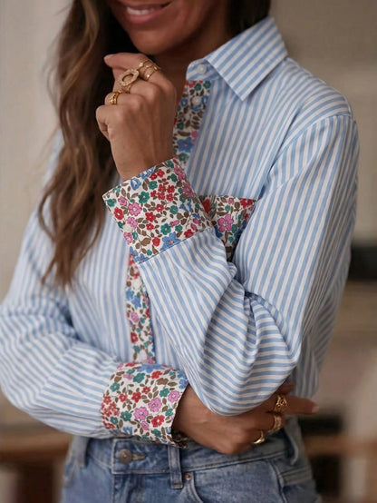 Women's Striped Long Sleeve Drop Shoulder Shirt Collar Print Shirt With Pockets And Cuffs, Regular Length Polyester Blouse Top