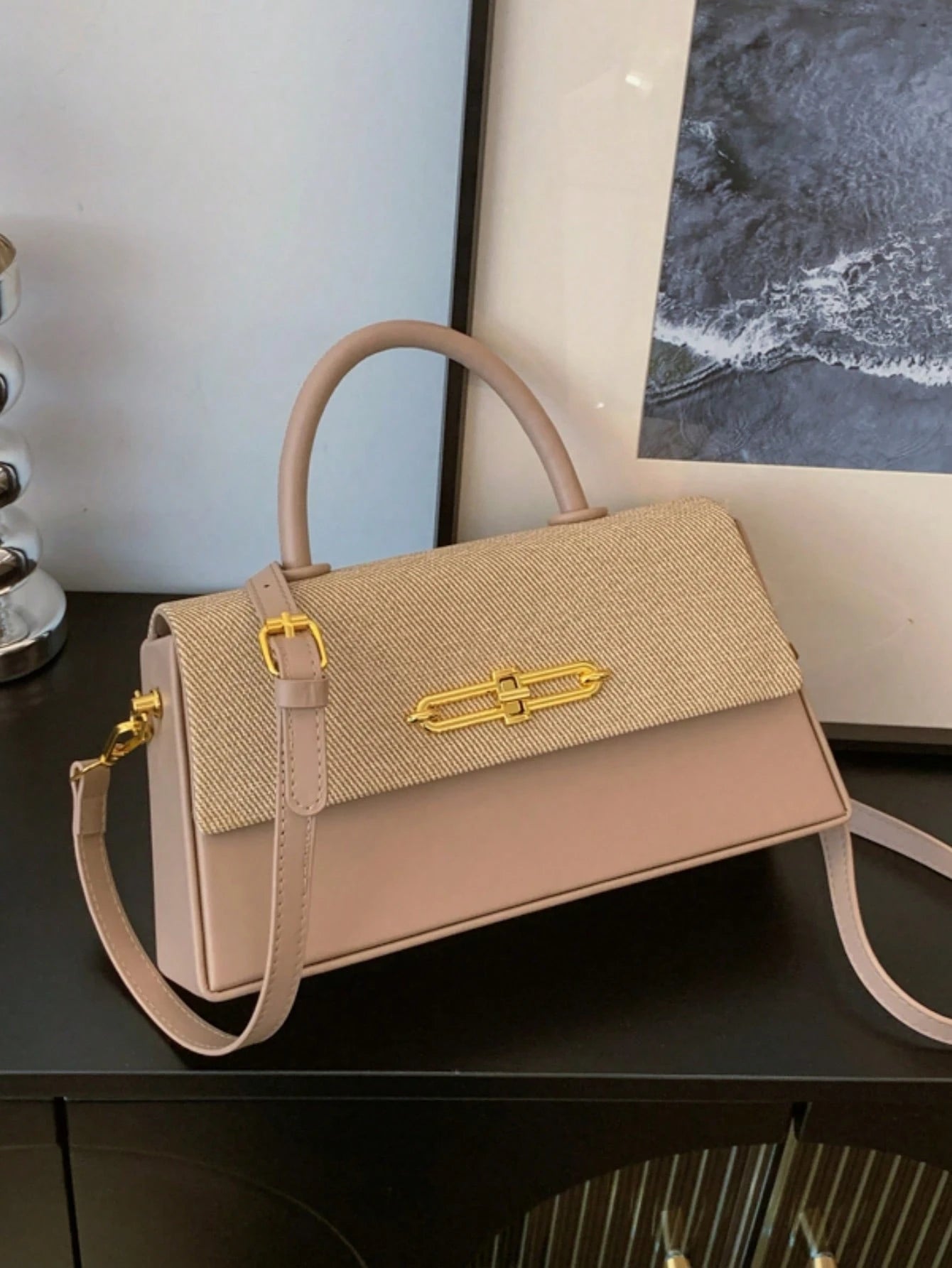 Women's Structured Box-Shaped Tote Bag, Fashionable & Elegant Lady Handbag, Crossbody Black Bag