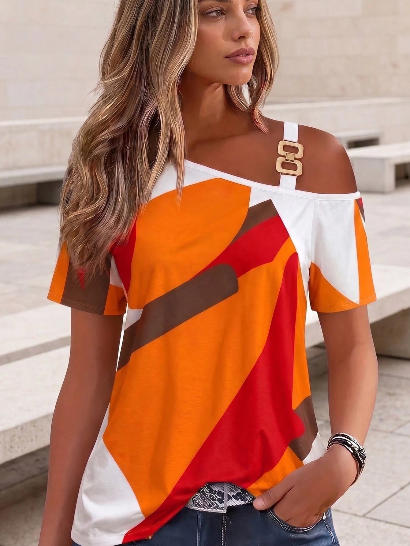 Women's Summer Abstract Print Cold Shoulder Top With Bold Geometric Patterns In Orange, Red And Brown With Metal Buckle Straps, Perfect For Beach, Back To School Party And Daily Streetwear