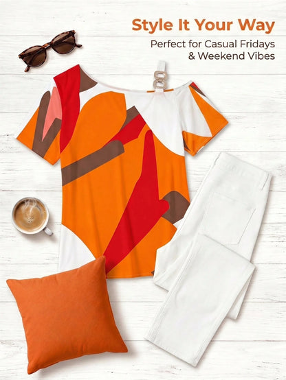 Women's Summer Abstract Print Cold Shoulder Top With Bold Geometric Patterns In Orange, Red And Brown With Metal Buckle Straps, Perfect For Beach, Back To School Party And Daily Streetwear