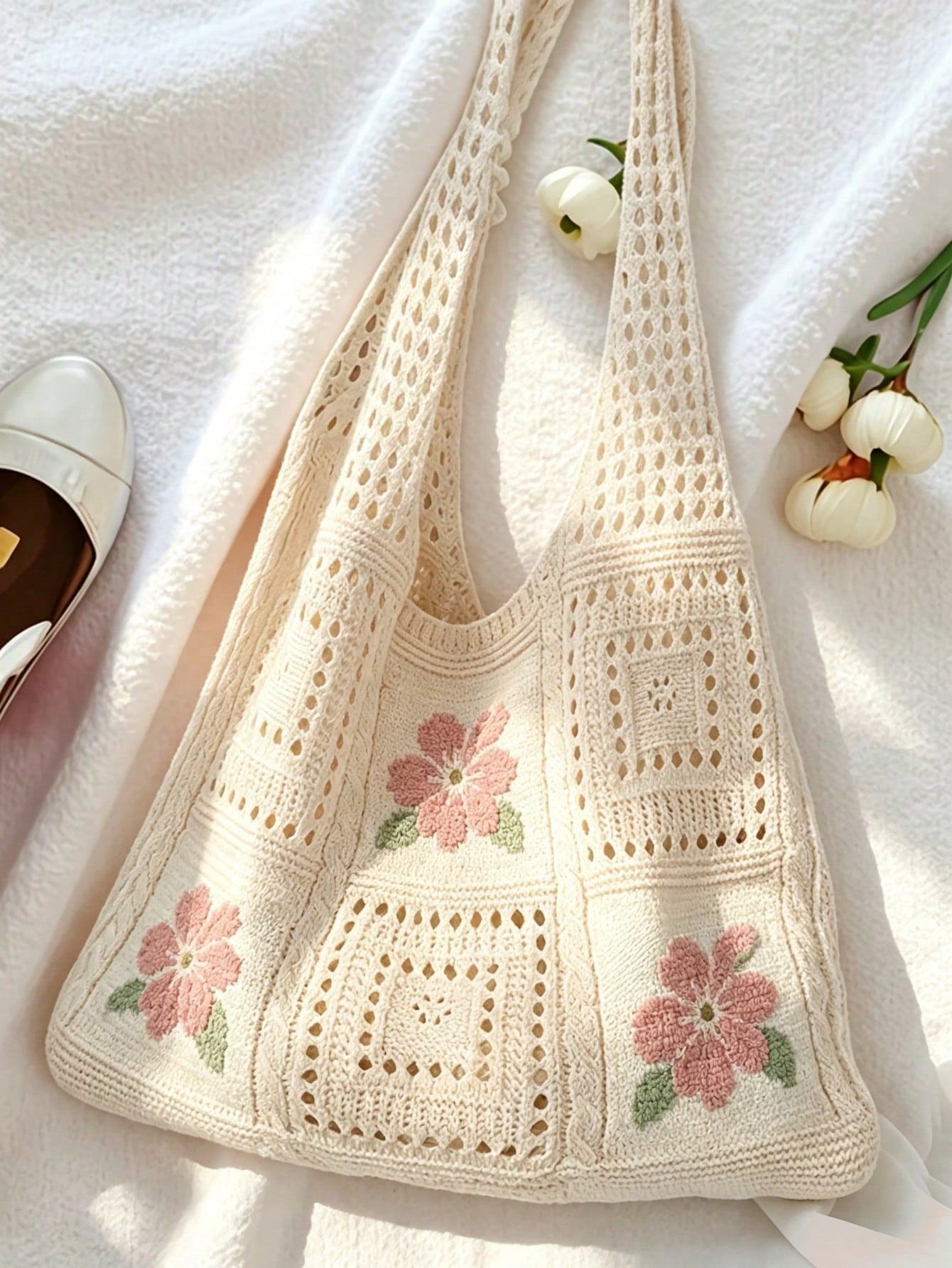 Women's Summer Beach Tote Bag, Crochet Design, Turtle Pattern, Large Capacity Open Handle, Suitable For Casual Outings And Beach Vacations