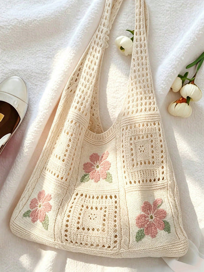 Women's Summer Beach Tote Bag, Crochet Design, Turtle Pattern, Large Capacity Open Handle, Suitable For Casual Outings And Beach Vacations