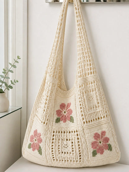 Women's Summer Beach Tote Bag, Crochet Design, Turtle Pattern, Large Capacity Open Handle, Suitable For Casual Outings And Beach Vacations