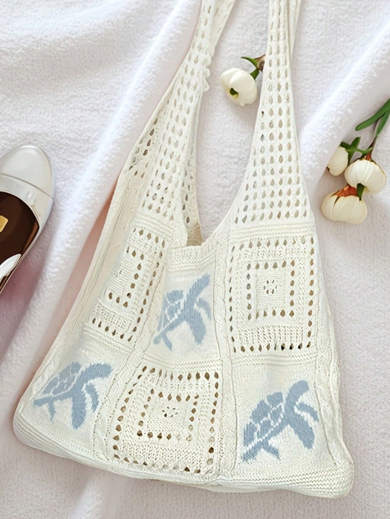 Women's Summer Beach Tote Bag, Crochet Design, Turtle Pattern, Large Capacity Open Handle, Suitable For Casual Outings And Beach Vacations