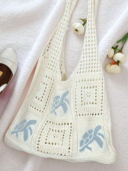 Women's Summer Beach Tote Bag, Crochet Design, Turtle Pattern, Large Capacity Open Handle, Suitable For Casual Outings And Beach Vacations