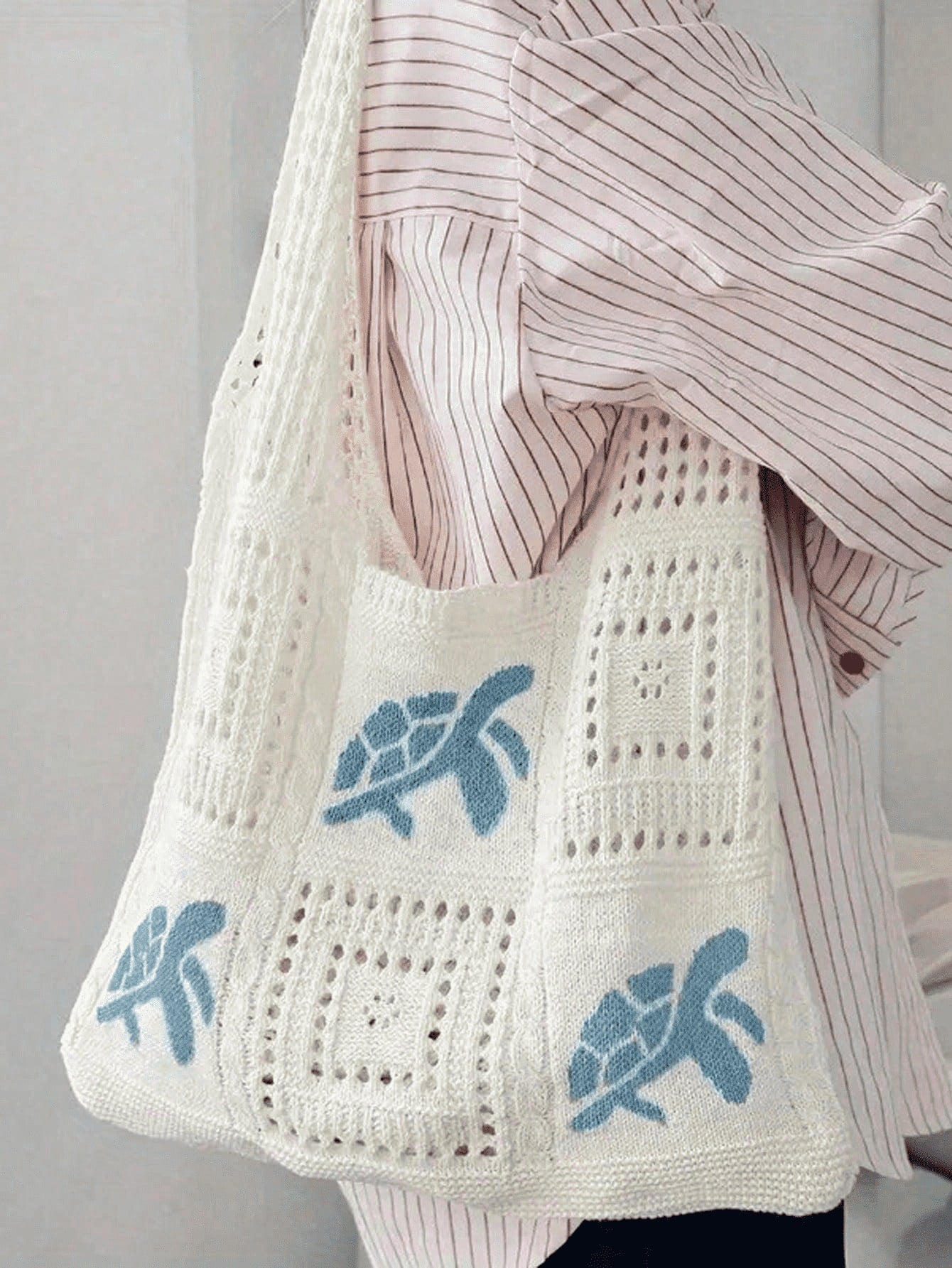Women's Summer Beach Tote Bag, Crochet Design, Turtle Pattern, Large Capacity Open Handle, Suitable For Casual Outings And Beach Vacations