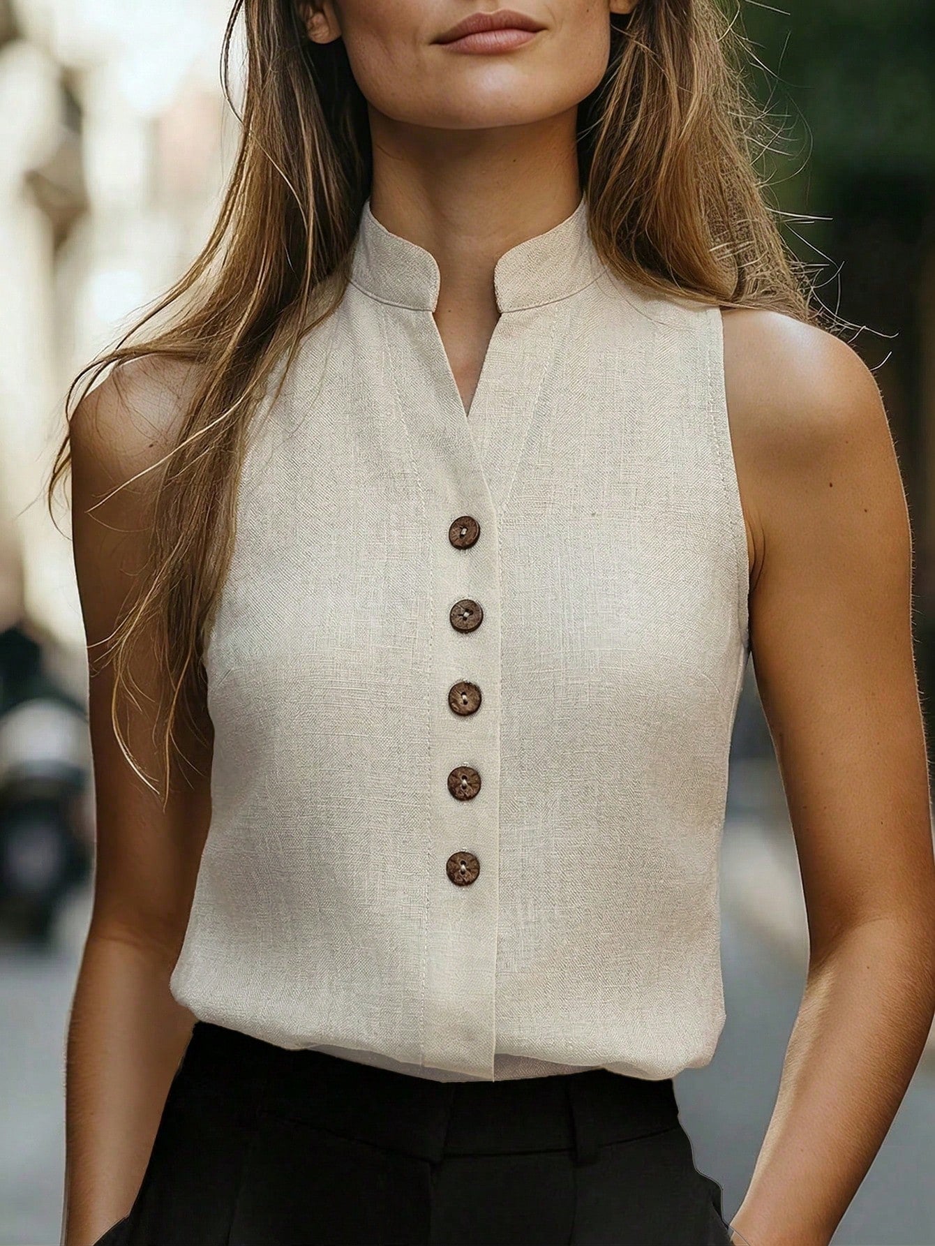 Women's Summer Beige Linen Sleeveless Blouse,Casual Chique Everyday V-Neck Button Down Waistcoat,Elegant Office Business Tops For Women New Arrivals
