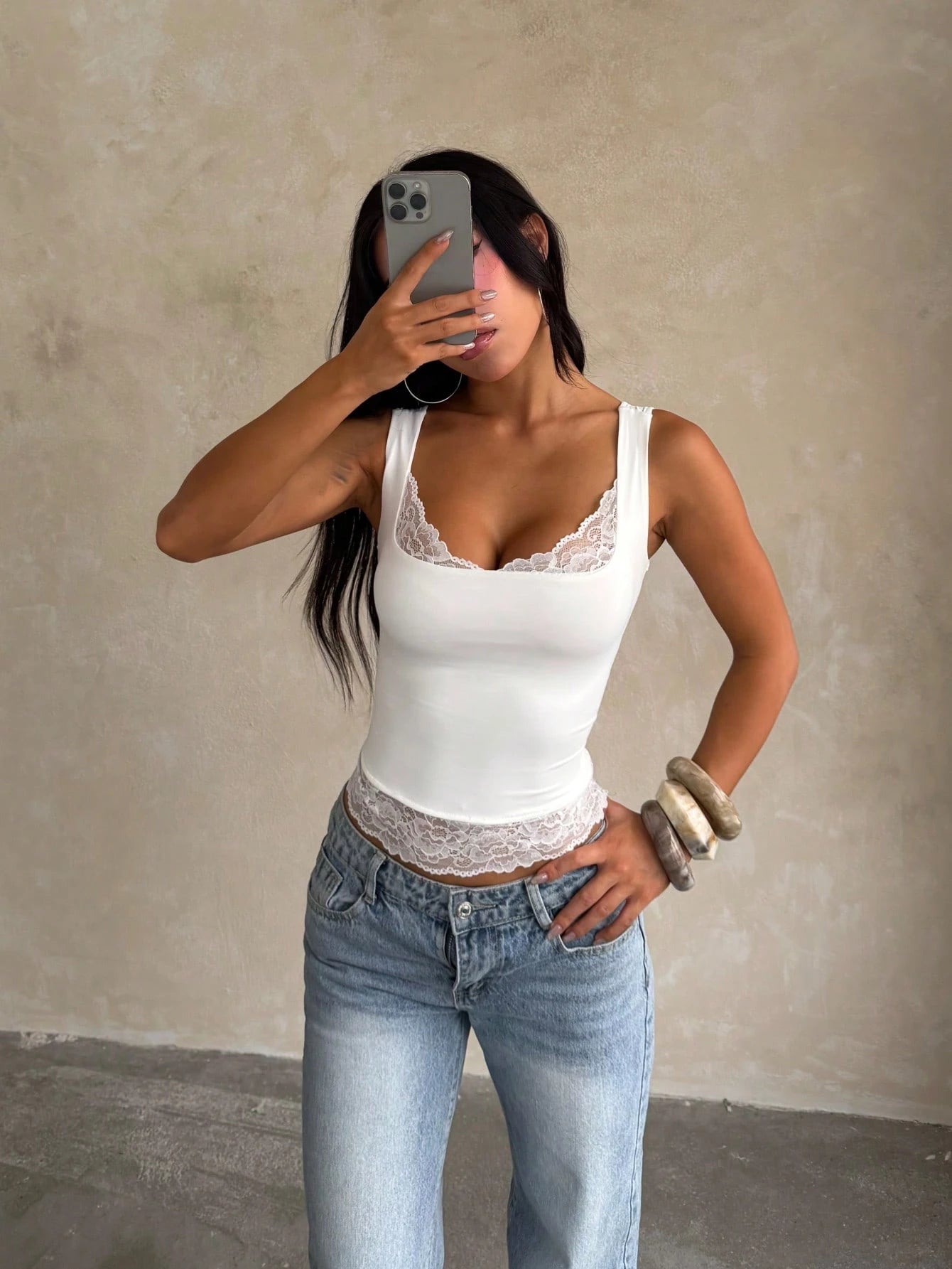 Women's Summer Casual Street Daily Concert Contrast Lace Tank Top, Festival Style White