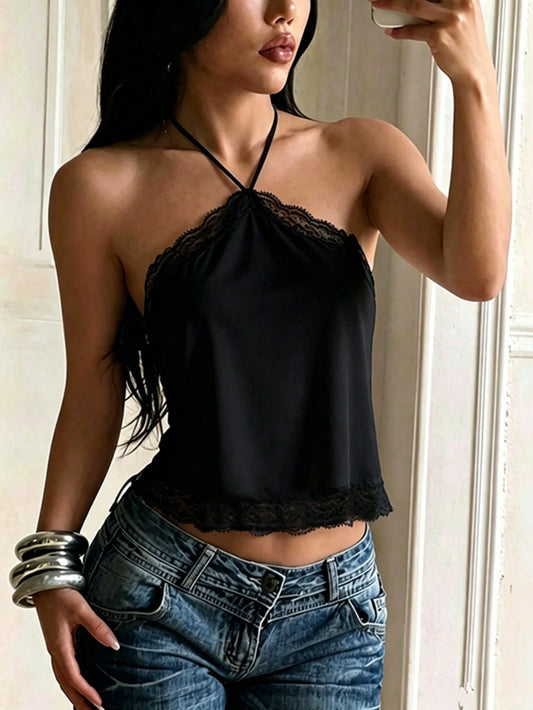 Women's Summer Top, Minimalist Lace Trim Satin Halter Neck Top, Casual, Date, Vacation, Travel, Tops, Halter Cami, Satin, Y2K, Date Night Black