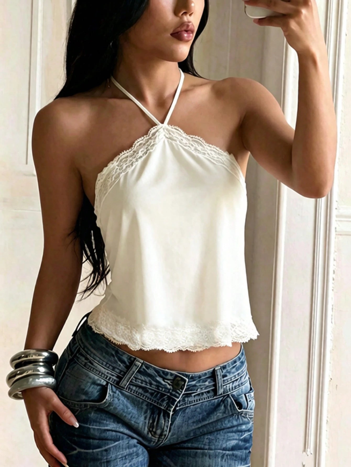 Women's Summer Top, Minimalist Lace Trim Satin Halter Neck Top, Going Out, Date, Vacation, Travel, Tops, Halter Cami, Satin, Y2K, Coquette, Old Money, Date Night