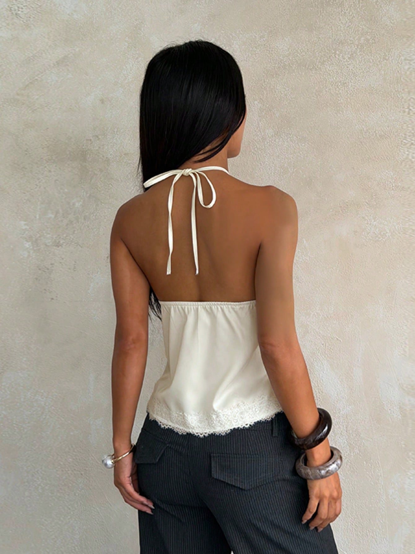 Women's Summer Top, Minimalist Lace Trim Satin Halter Neck Top, Going Out, Date, Vacation, Travel, Tops, Halter Cami, Satin, Y2K, Coquette, Old Money, Date Night