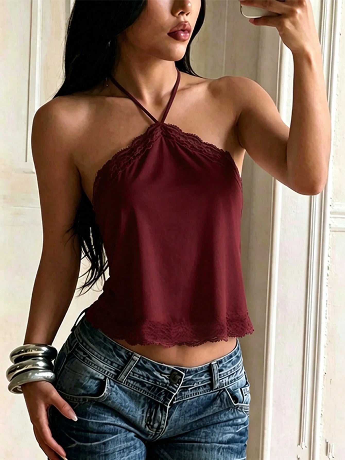 Women's Summer Top, Minimalist Lace Trim Satin Halter Neck Top, Going Out, Date, Vacation, Travel, Tops, Halter Cami, Satin, Y2K, Coquette, Old Money, Date Night