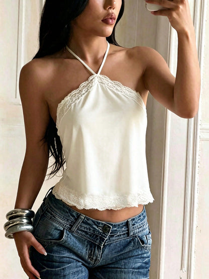 Women's Summer Top, Minimalist Lace Trim Satin Halter Neck Top, Going Out, Date, Vacation, Travel, Tops, Halter Cami, Satin, Y2K, Coquette, Old Money, Date Night