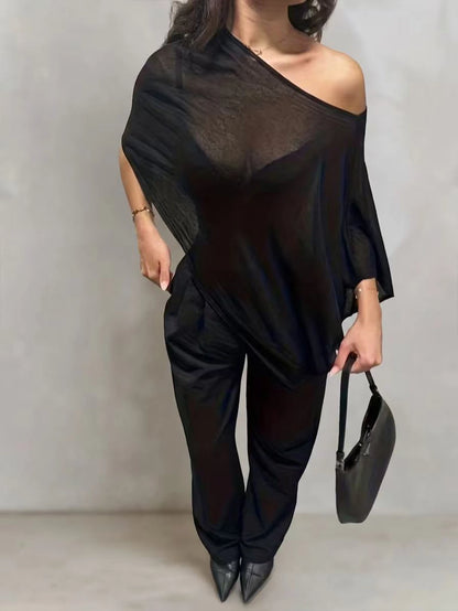 Women's Transparent Batwing Sleeve Round Neck Top, Regular Asymmetric Hem, Knit Fabric With Moderate Stretch Black Summer, Y2K Aesthetic