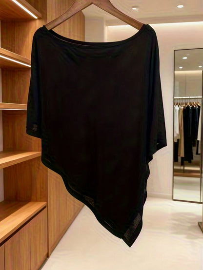 Women's Transparent Batwing Sleeve Round Neck Top, Regular Asymmetric Hem, Knit Fabric With Moderate Stretch Black Summer, Y2K Aesthetic