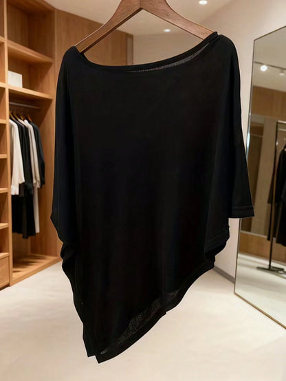 Women's Transparent Batwing Sleeve Round Neck Top, Regular Asymmetric Hem, Knit Fabric With Moderate Stretch Black Summer, Y2K Aesthetic