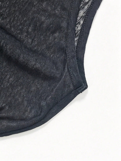 Women's Transparent Batwing Sleeve Round Neck Top, Regular Asymmetric Hem, Knit Fabric With Moderate Stretch Black Summer, Y2K Aesthetic