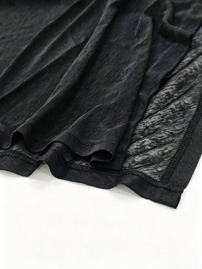 Women's Transparent Batwing Sleeve Round Neck Top, Regular Asymmetric Hem, Knit Fabric With Moderate Stretch Black Summer, Y2K Aesthetic