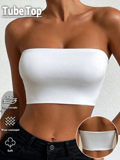 Women's Tube Top, Solid Color Strapless Crop Top, Casual Sexy Streetwear Basic Style, White Summer