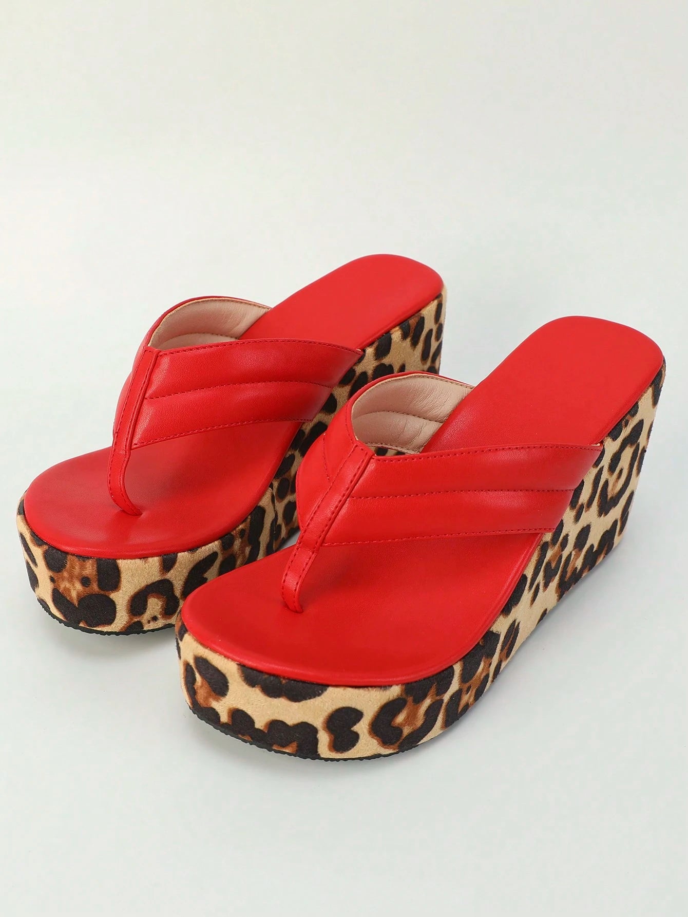 Women's Wedge Thick Bottom Sandals, New Spring/Summer Round Toe Red Flip Flops, Fashionable Leopard Print Thick Sole Casual Vacation Shoes, Versatile Plus Size Women Shoes, Red Wedge Sandals, Bridal S