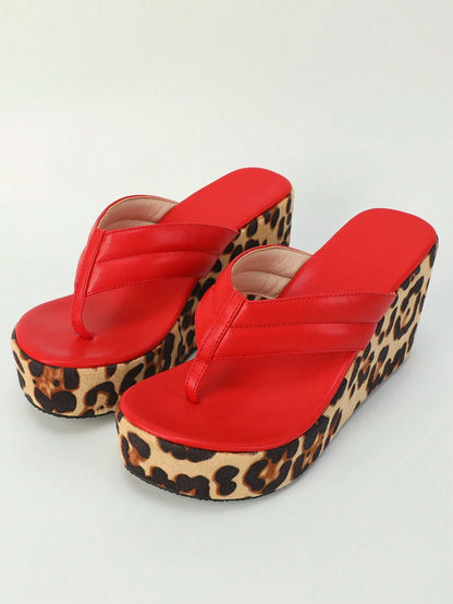 Women's Wedge Thick Bottom Sandals, New Spring/Summer Round Toe Red Flip Flops, Fashionable Leopard Print Thick Sole Casual Vacation Shoes, Versatile Plus Size Women Shoes, Red Wedge Sandals, Bridal S