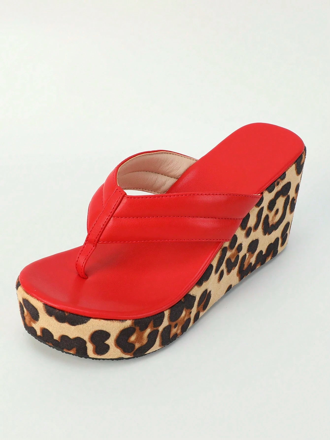 Women's Wedge Thick Bottom Sandals, New Spring/Summer Round Toe Red Flip Flops, Fashionable Leopard Print Thick Sole Casual Vacation Shoes, Versatile Plus Size Women Shoes, Red Wedge Sandals, Bridal S