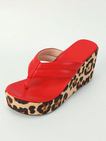 Women's Wedge Thick Bottom Sandals, New Spring/Summer Round Toe Red Flip Flops, Fashionable Leopard Print Thick Sole Casual Vacation Shoes, Versatile Plus Size Women Shoes, Red Wedge Sandals, Bridal S