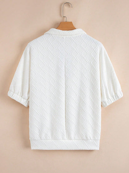 Women's White Drop Shoulder Striped Zip-Up Textured T-Shirt, Spring/Summer