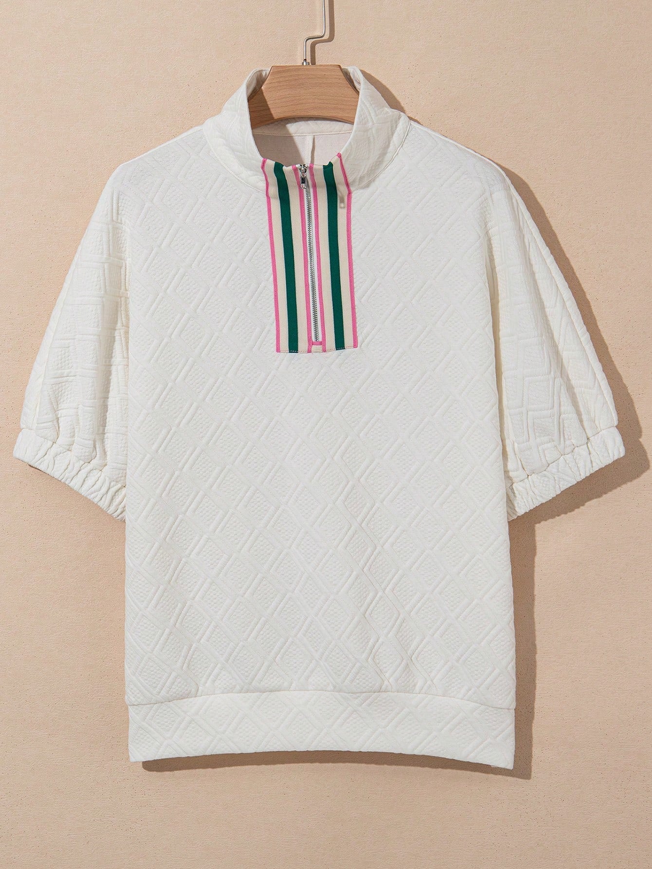 Women's White Drop Shoulder Striped Zip-Up Textured T-Shirt, Spring/Summer
