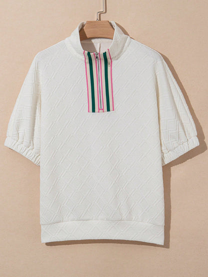 Women's White Drop Shoulder Striped Zip-Up Textured T-Shirt, Spring/Summer