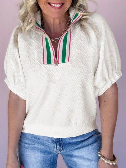 Women's White Drop Shoulder Striped Zip-Up Textured T-Shirt, Spring/Summer