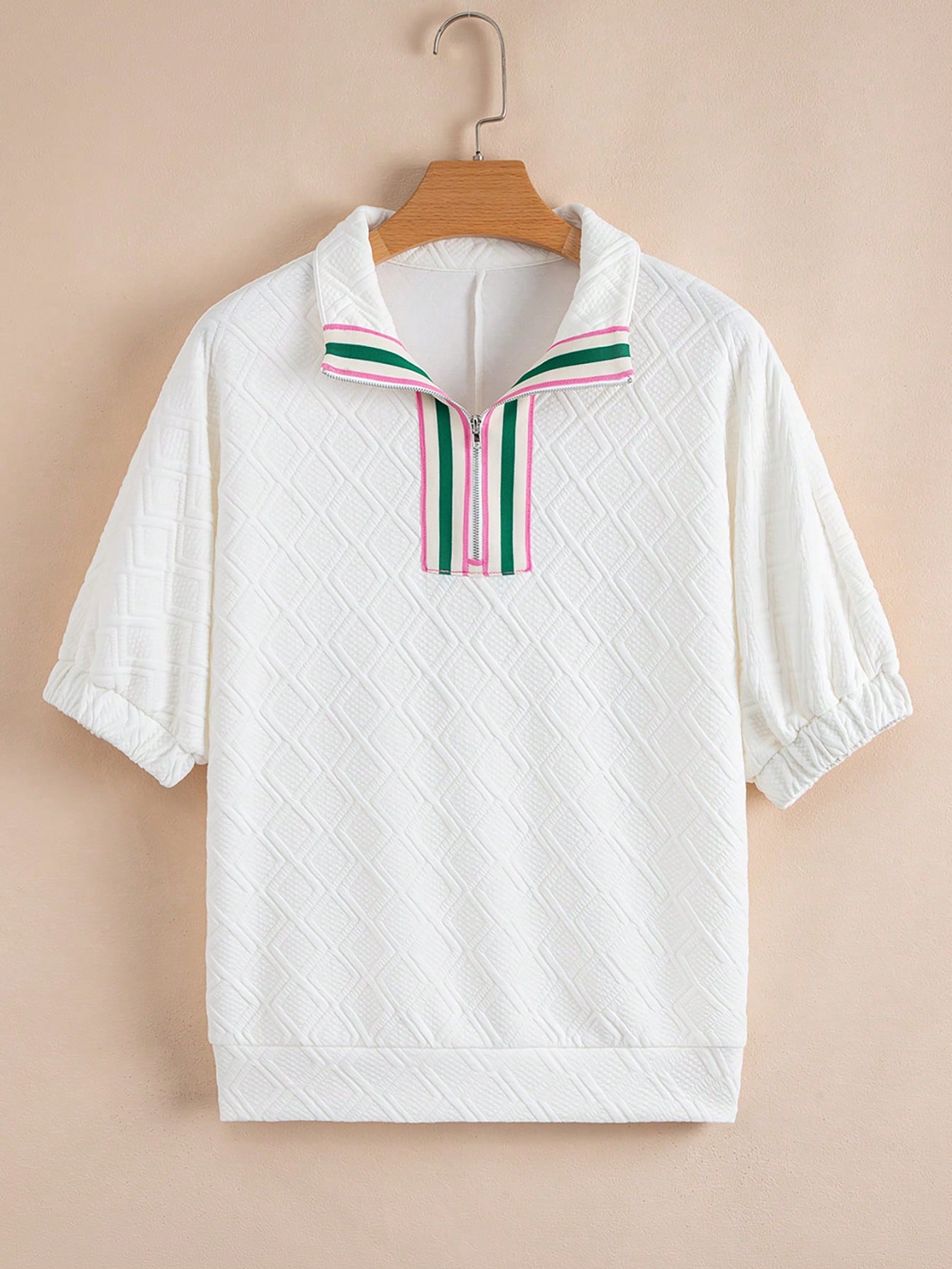 Women's White Drop Shoulder Striped Zip-Up Textured T-Shirt, Spring/Summer