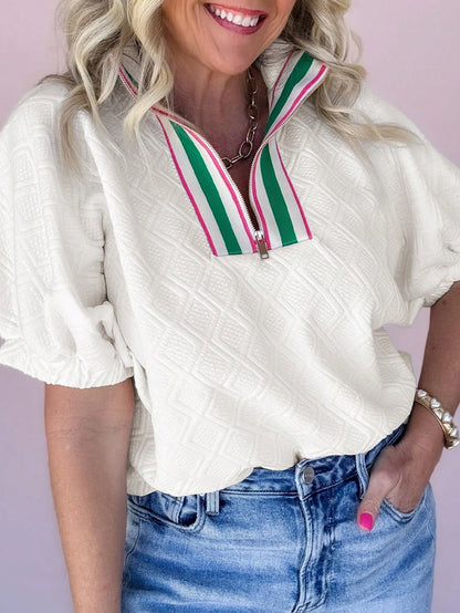 Women's White Drop Shoulder Striped Zip-Up Textured T-Shirt, Spring/Summer